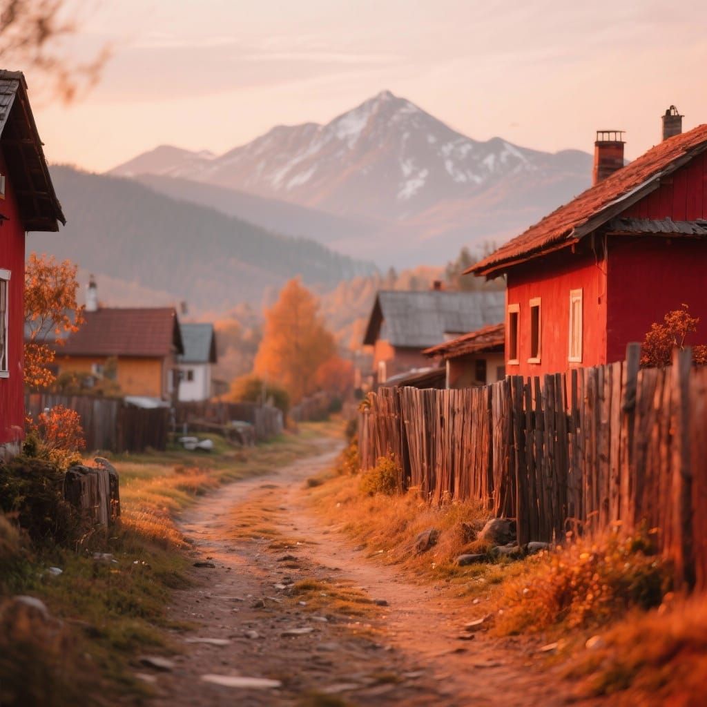 Village Houses and Fence with Blurred Mountains