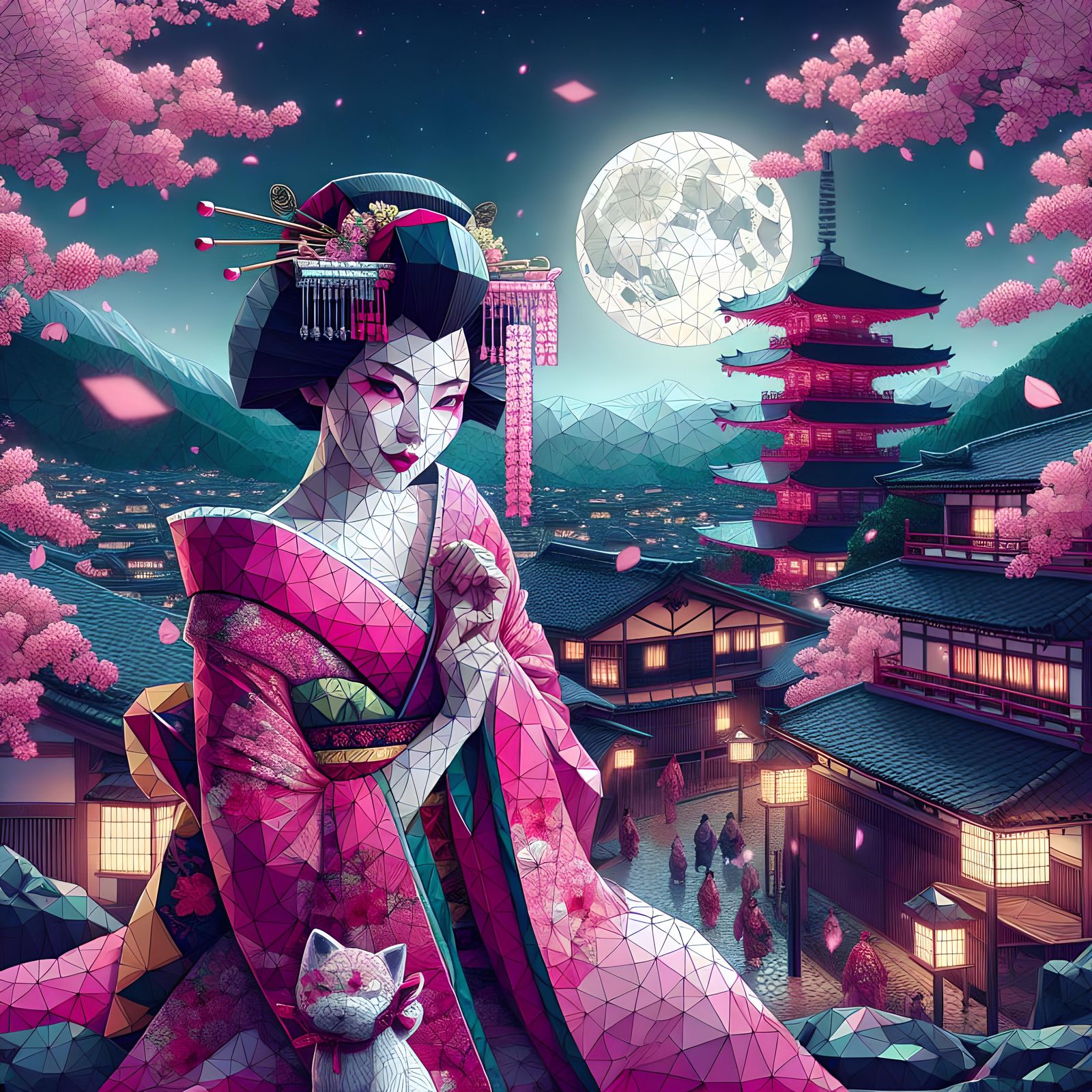 Pink Kitsune Geisha in Ancient Japanese Town