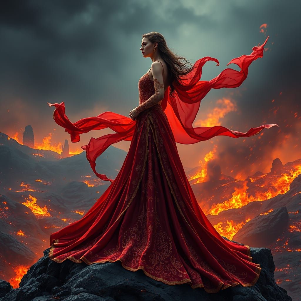 Regal Fantasy Woman Ignites a Blazing Landscape in Crimson a...