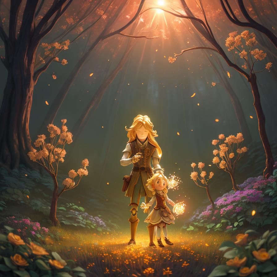 Girl Offers Flower to Robot in Magical Forest