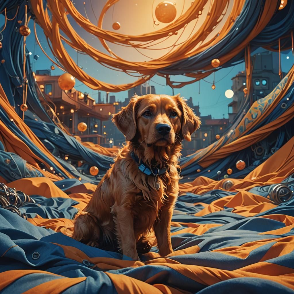 Dog in Swirling Fabrics: A Digital Art Masterpiece