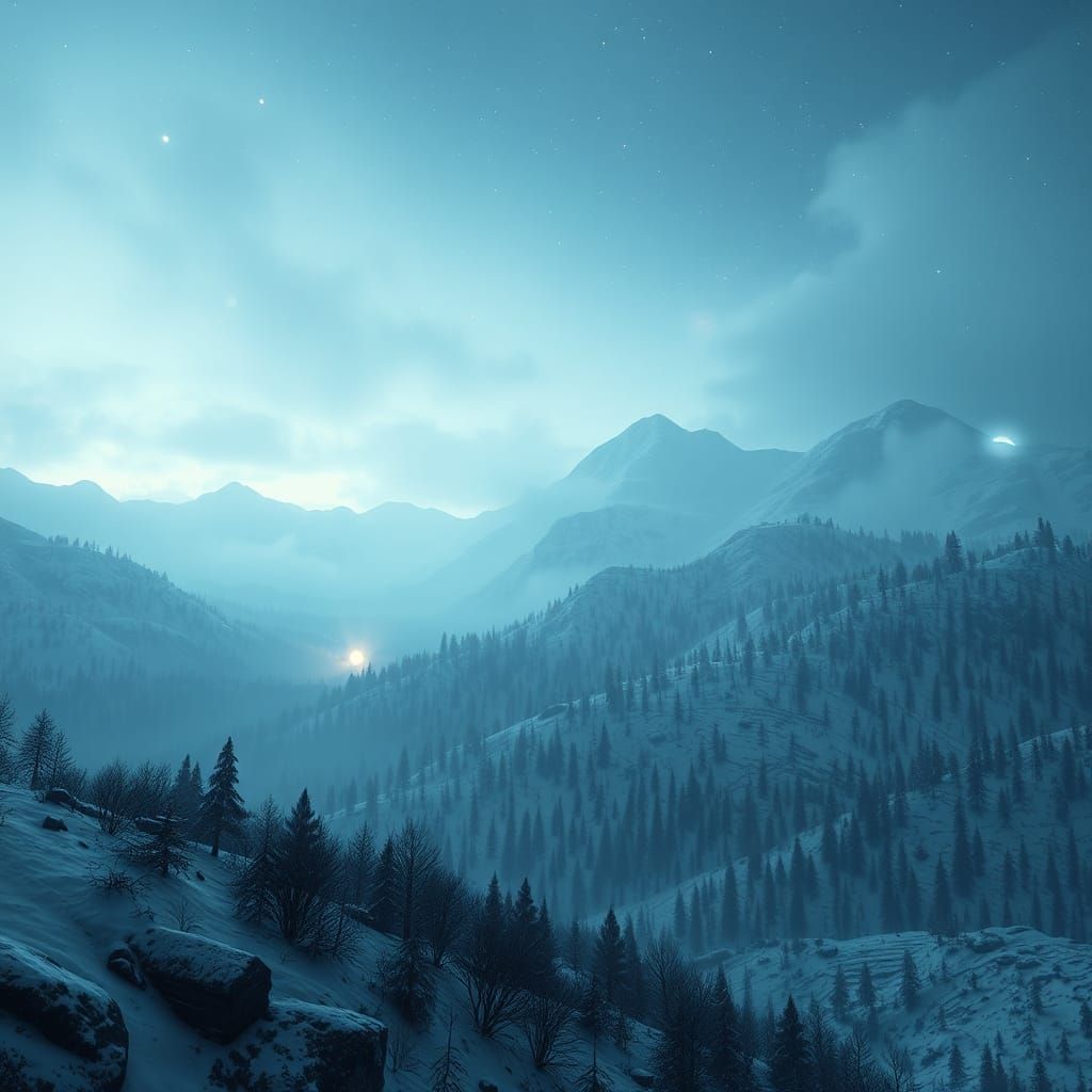 Night in Skyrim: Frosty Hills Landscape