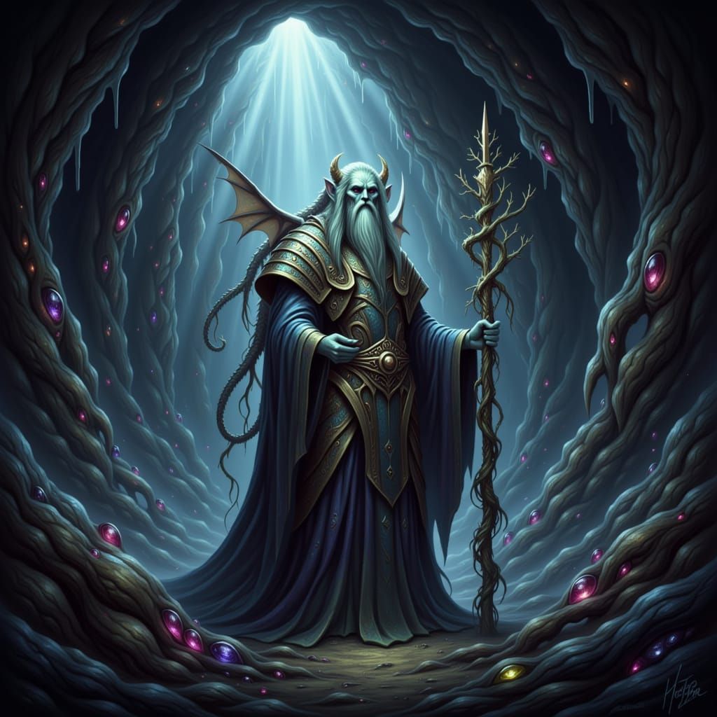 Ancient Wizard with Dragon in Dimly Lit Cave