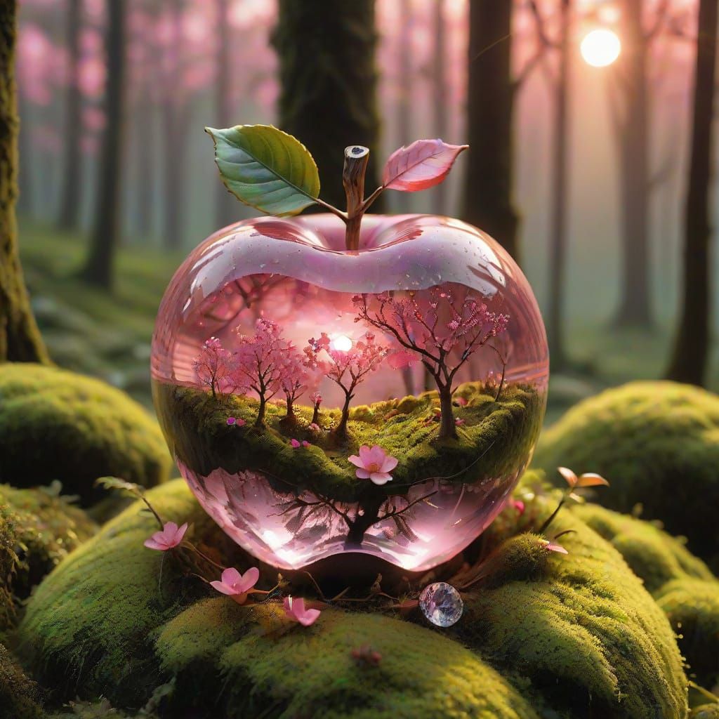 Crystal Apple Blossoms in a Sunset Forest
