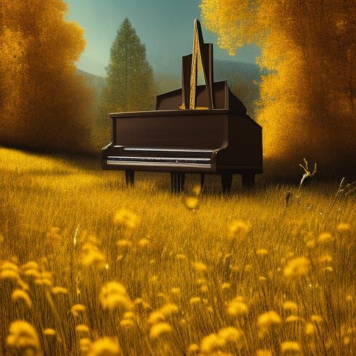 Gothic Piano Under Golden Aspen Tree, Hyperdetailed Dark Fan...