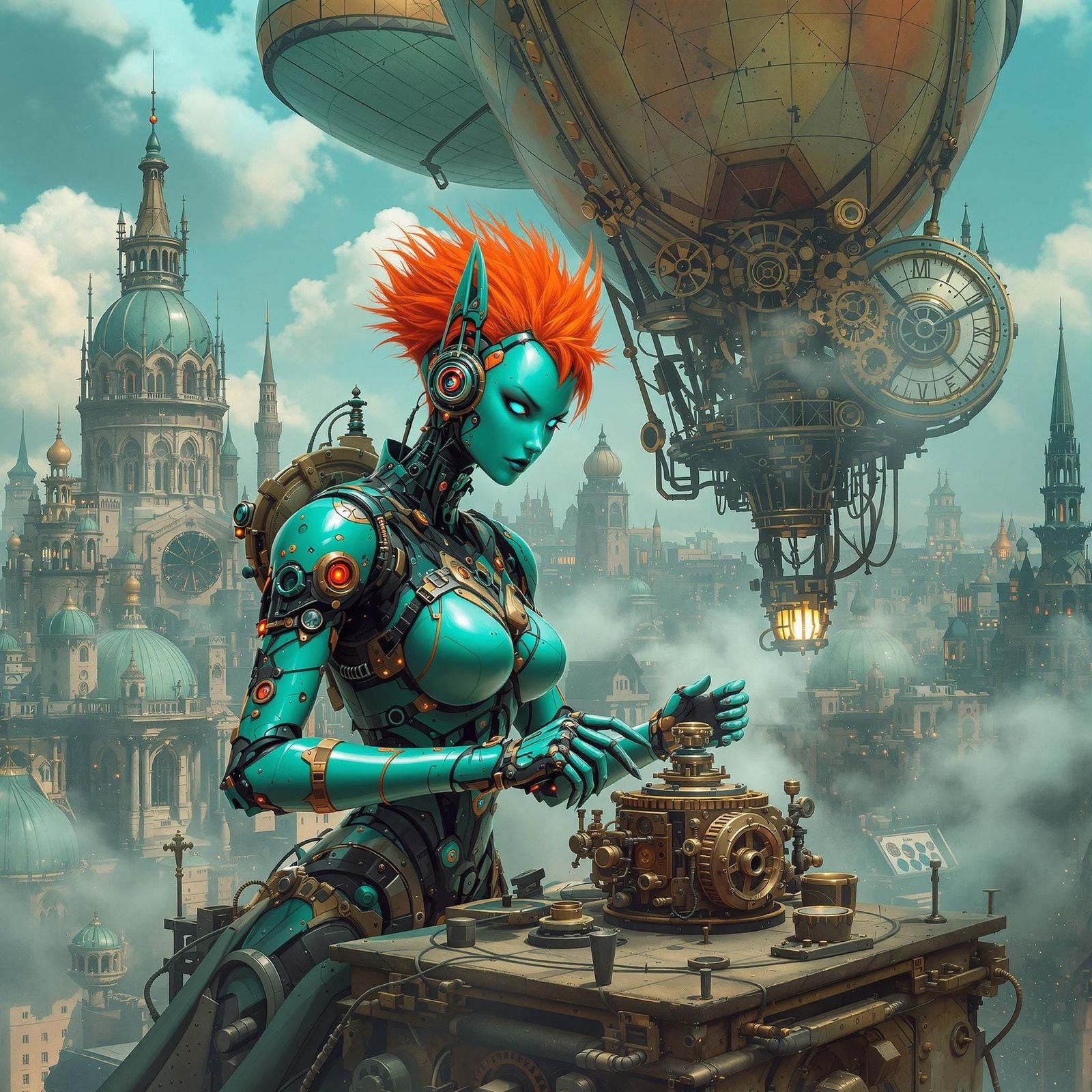 Android Tinkerer Above Victorian City, in Steampunk Style