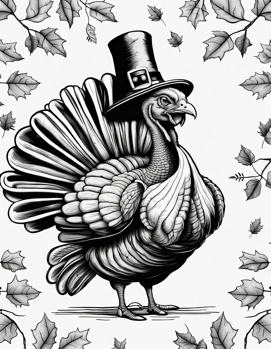 Humorous Thanksgiving Turkey Character in Black and White