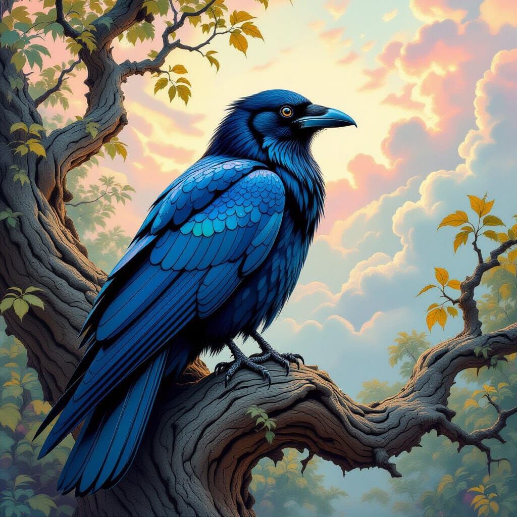 Cosmic Crow Perched on Ancient Tree