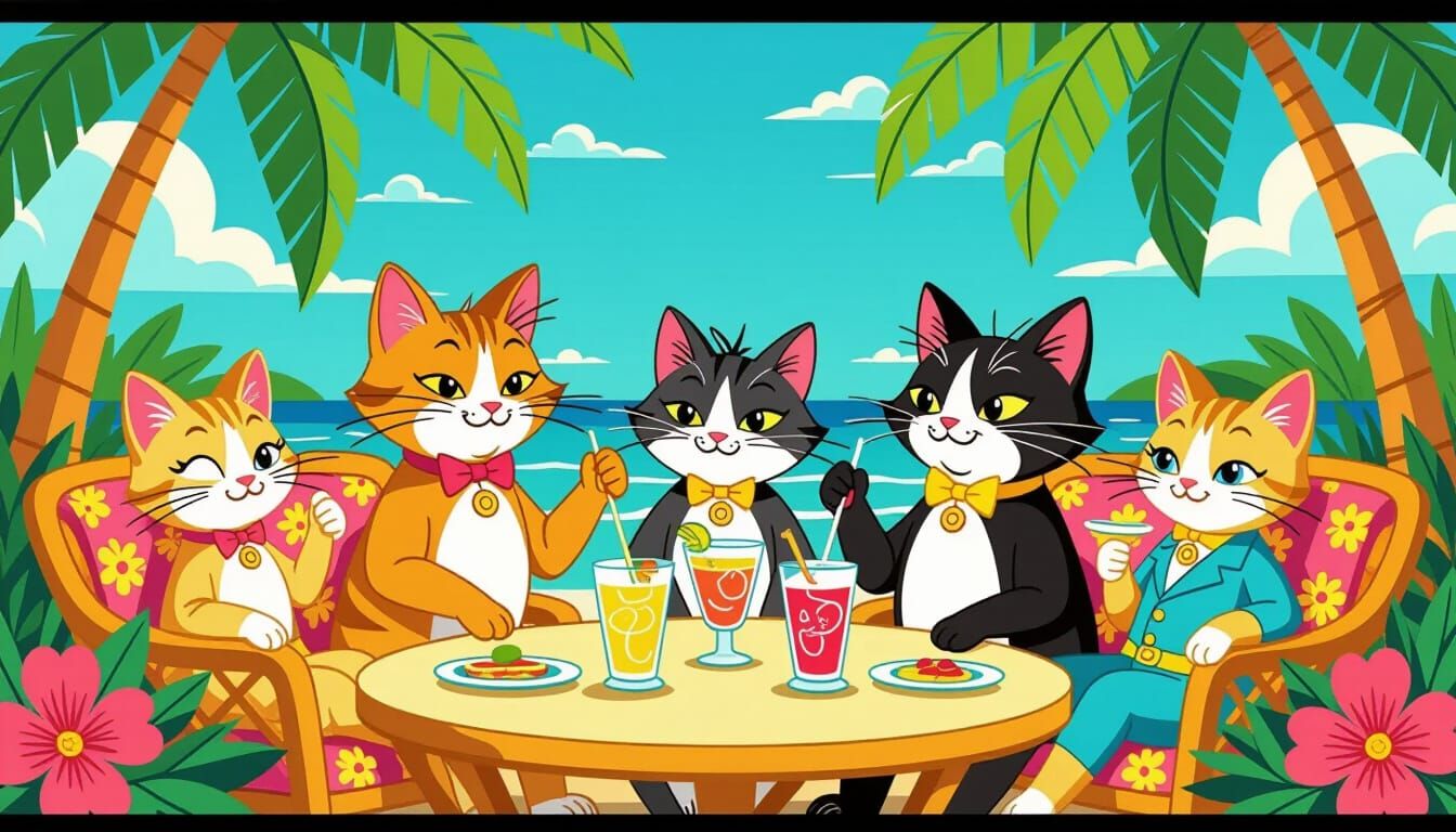 Top Cat and Gang Relaxing at a 70s Resort with Kitten Staff