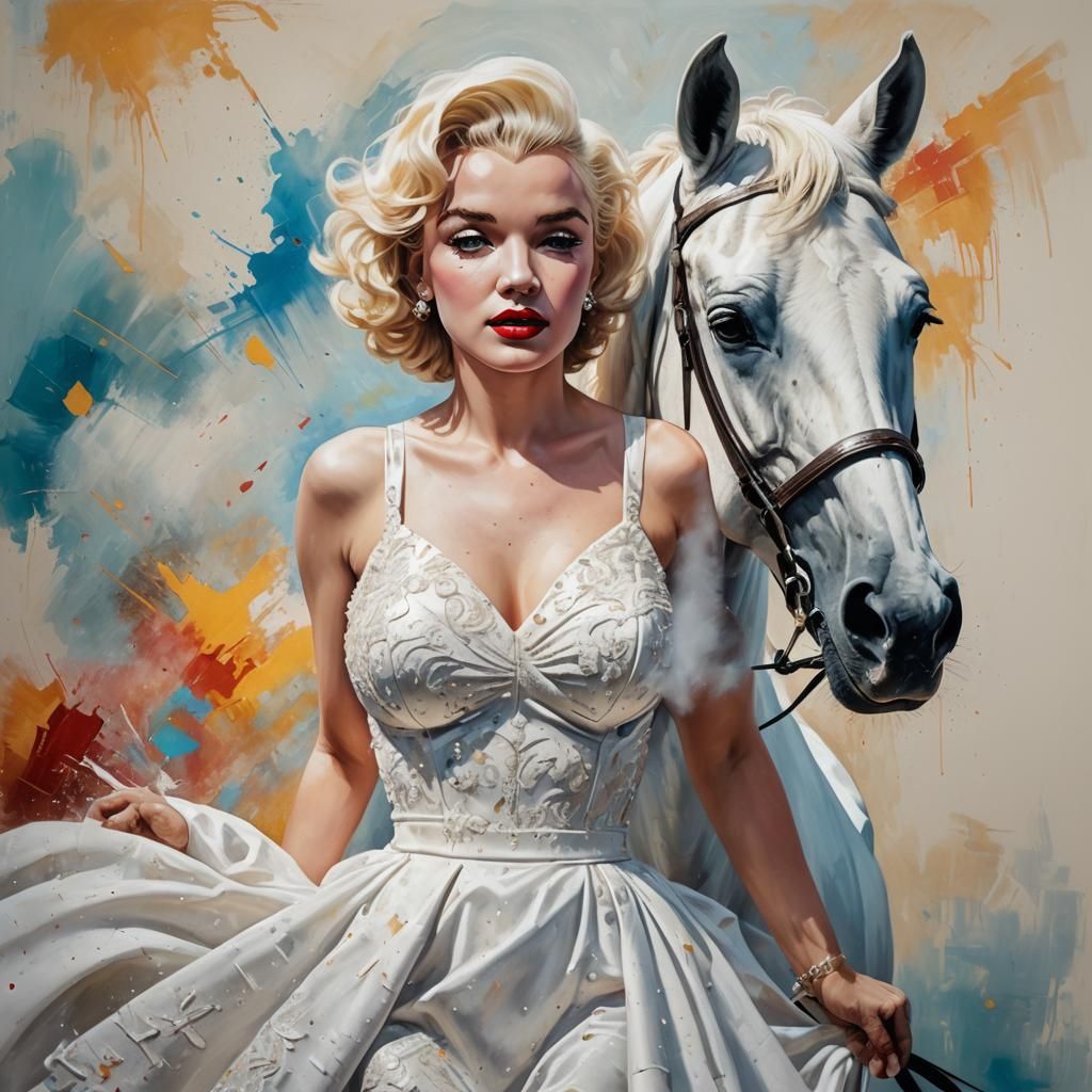 Marilyn Monroe with White Horse: Hyperrealistic Splash Art