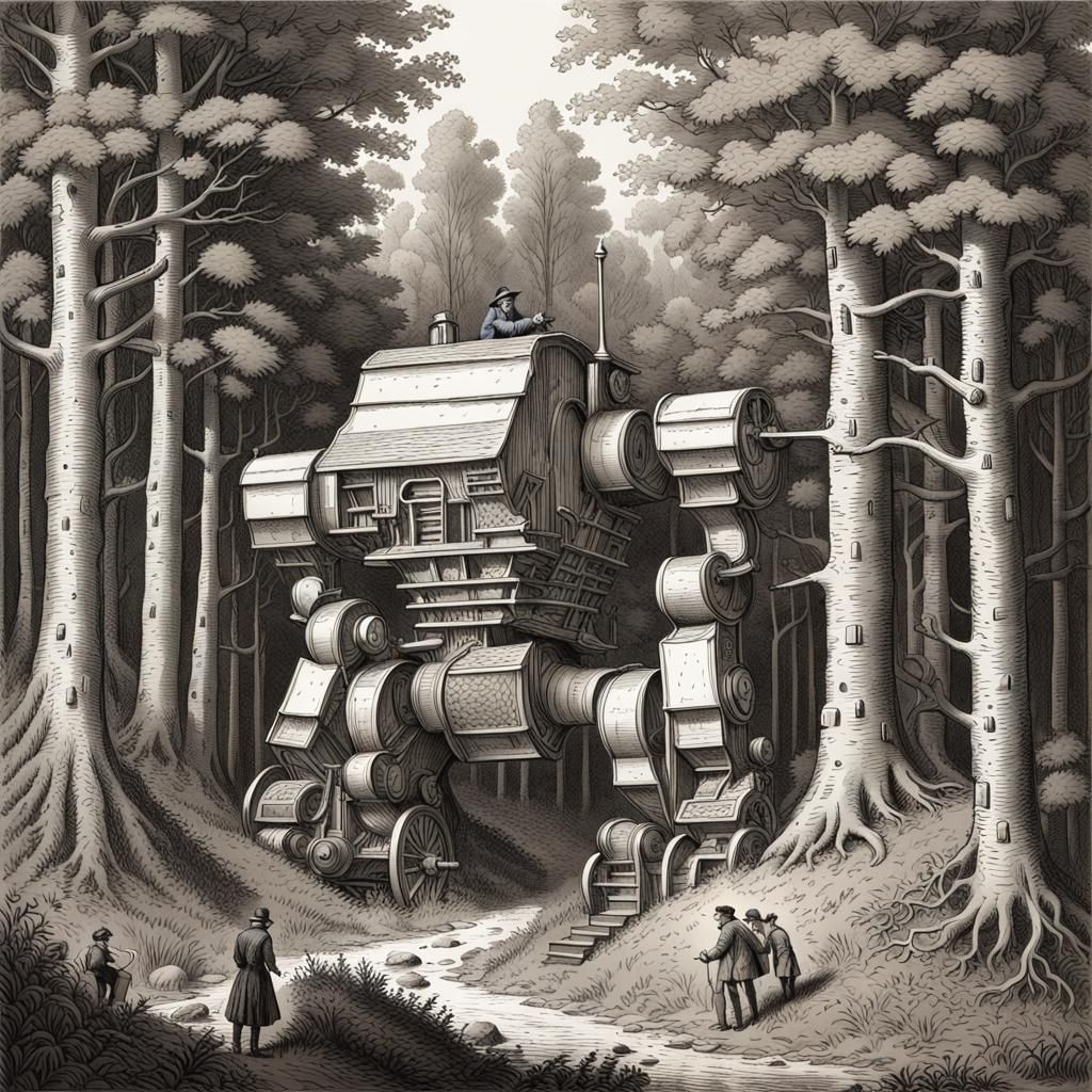 Giant Mecha Hidden in Forest: Copperplate Illustration