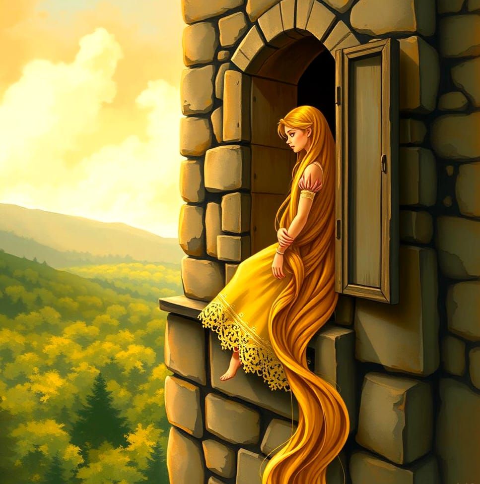 Rapunzel in Tower: Detailed Gouache Painting