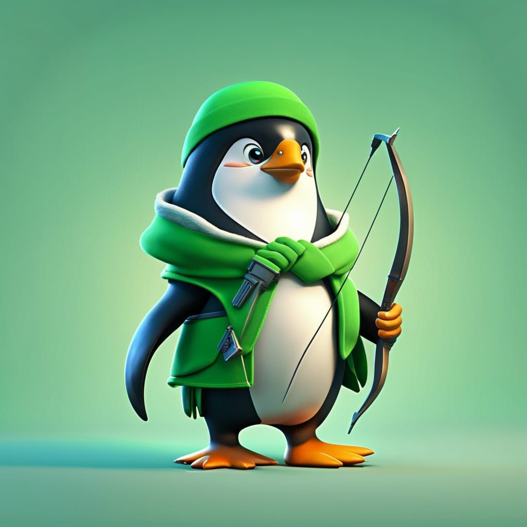 Cute Penguin Archer in Green Garb: 3D Digital Art