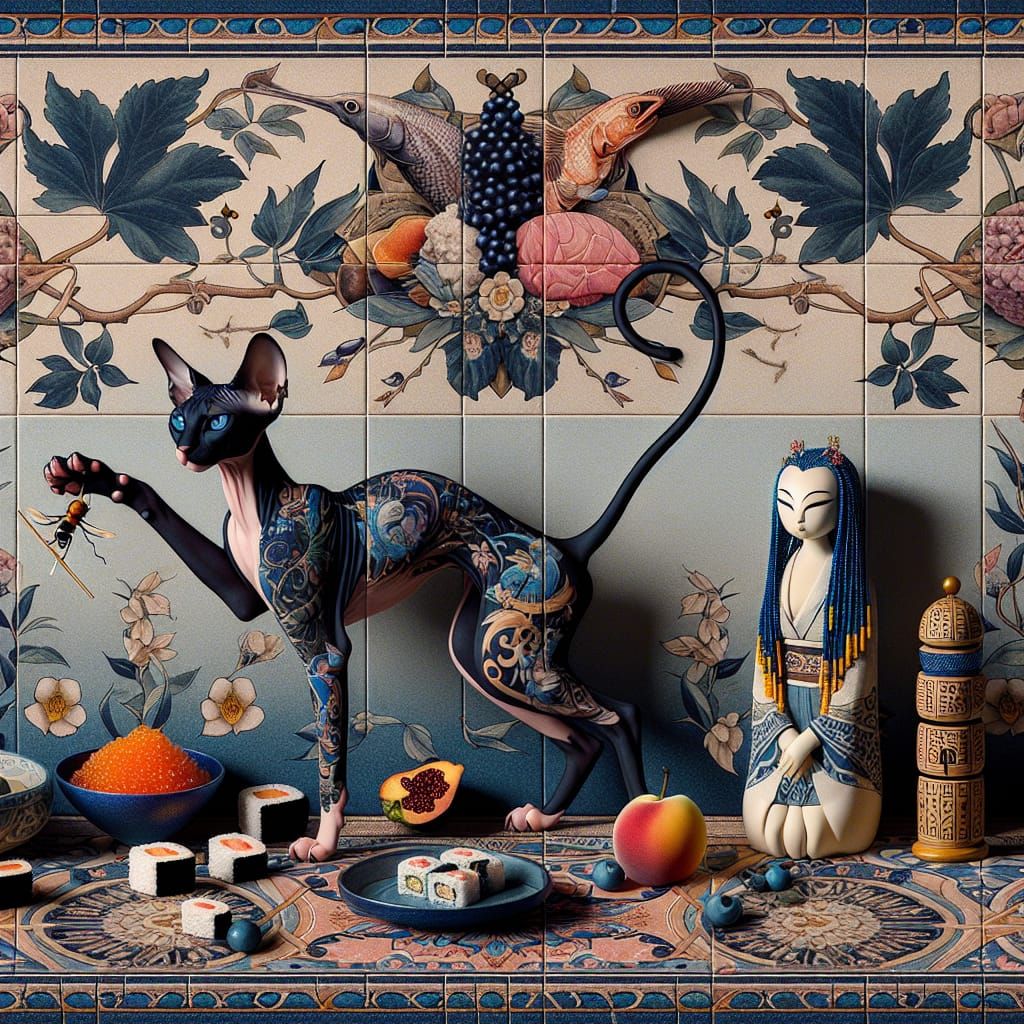 Tattooed Sphinx Cat in Art Nouveau Setting