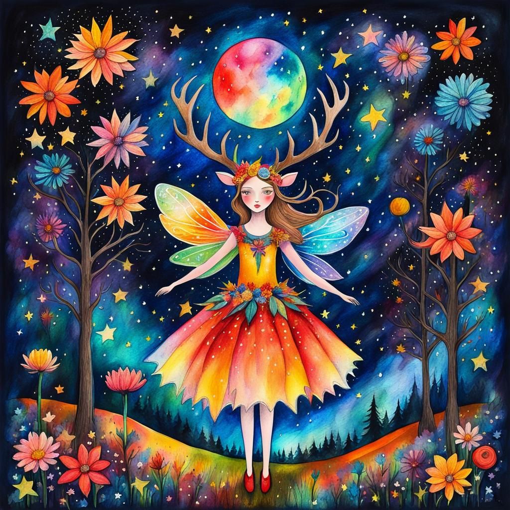 Fairy Goddess on Crayon Planet in Van Gogh Style