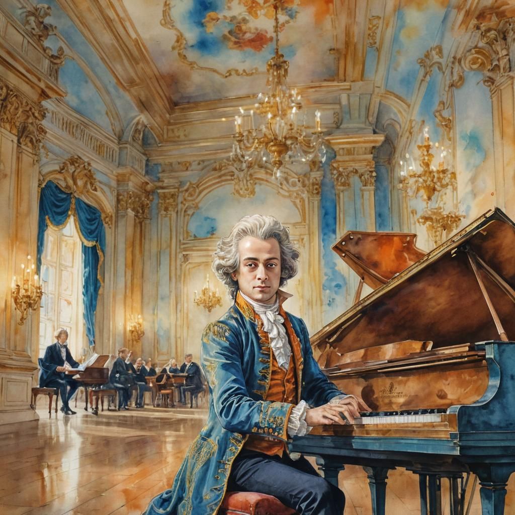 Mozart in Lavish Baroque Concert Hall: Watercolor Artwork