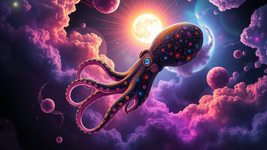 Bioluminescent Squid Soars Through Neon Fractal Nebula