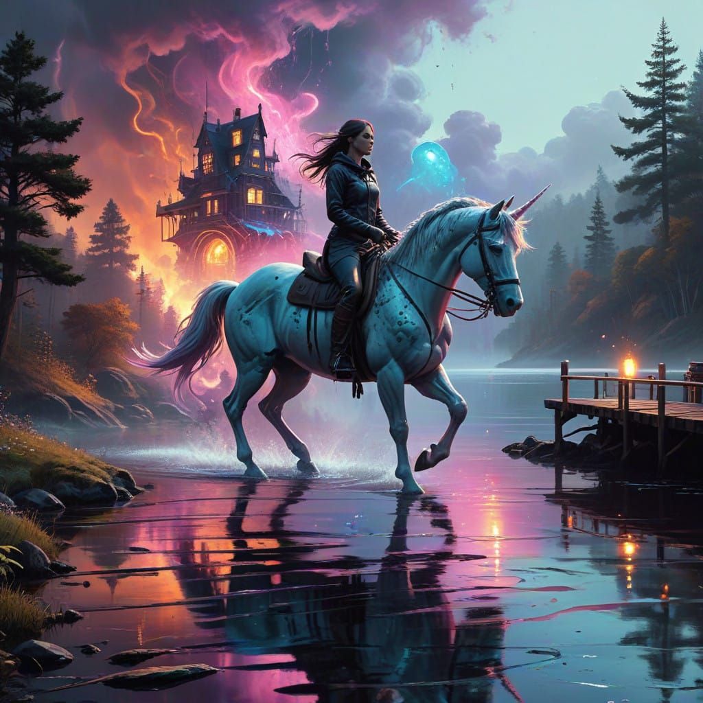 Fantasy Unicorn Rides Majestically by the Mystical Lake