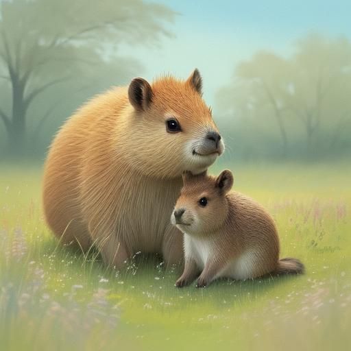 Whimsical Watercolor Capybara Mother and Baby in a Lush Mead...