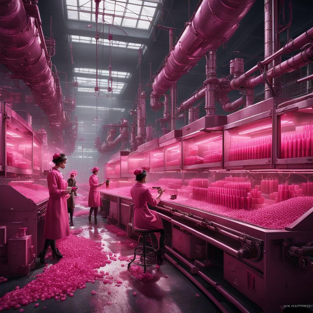 Pink Factory Workers in Detailed Matte Painting Style