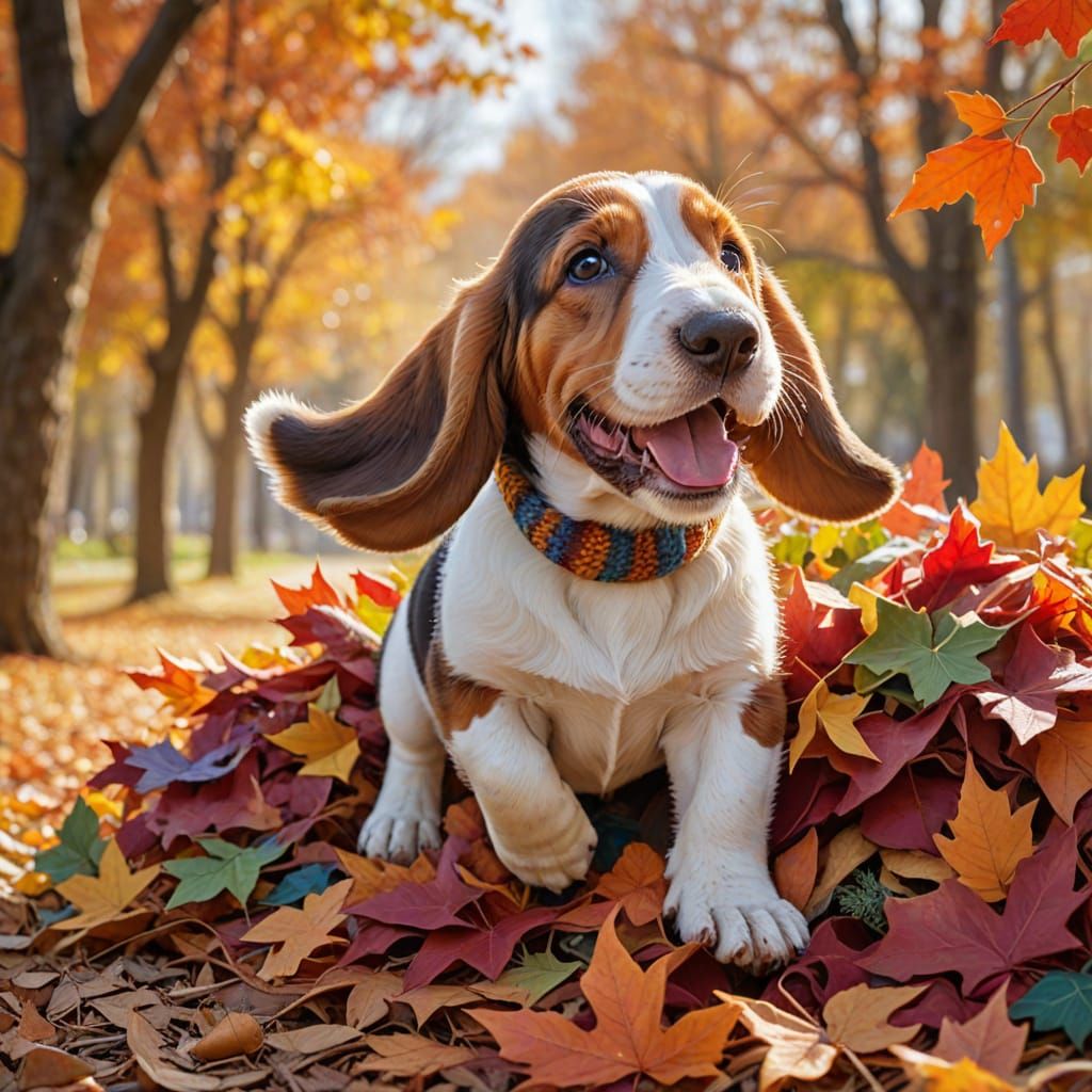 Fluffy Basset Hound Puppy Leaping into Autumn Leaves