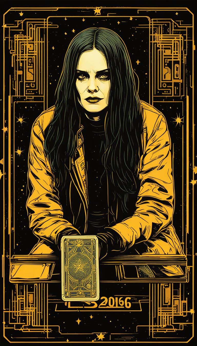 Woman with Tarot Card in Cyberpunk Neon Style