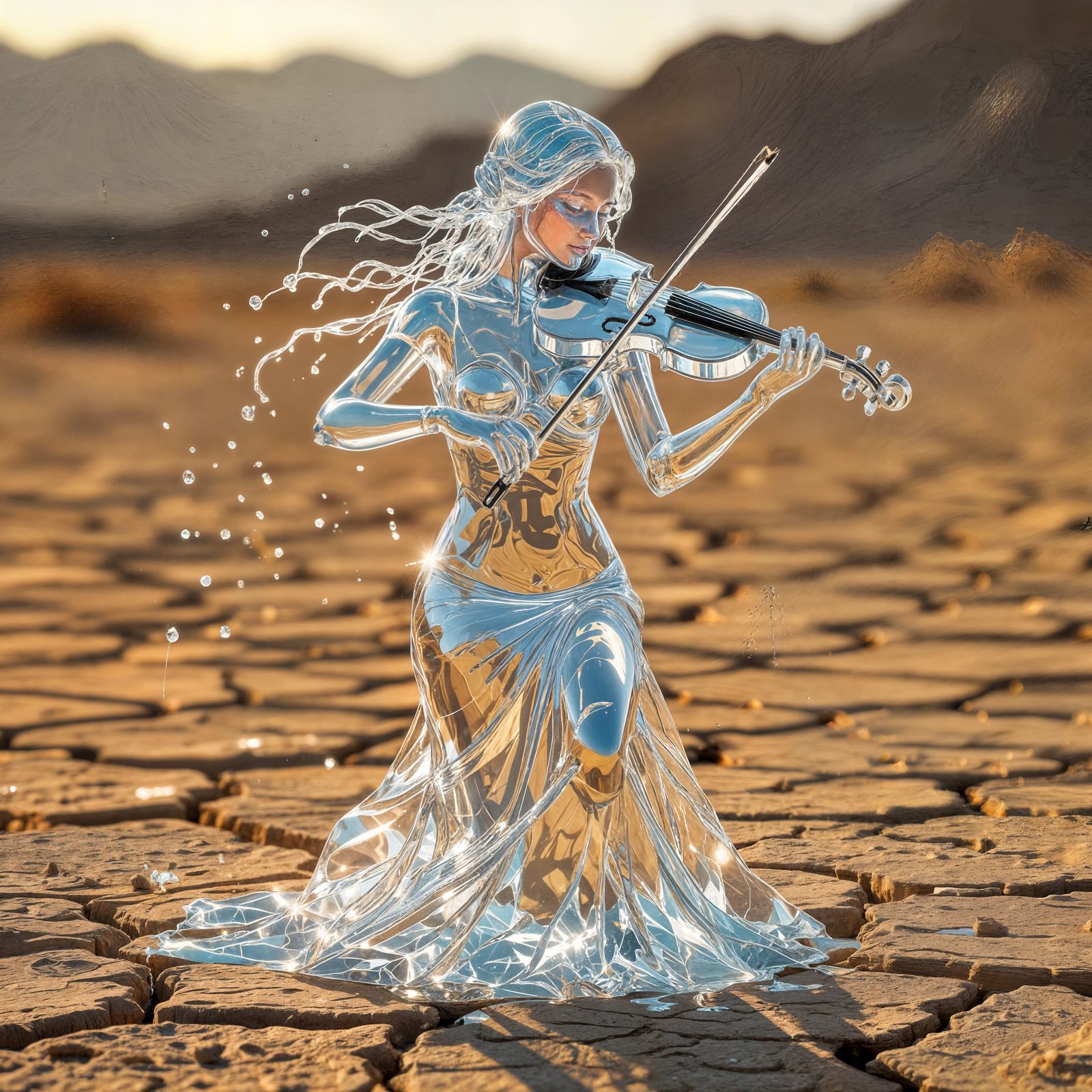 Crystal Water Woman Plays Violin in Dry Desert
