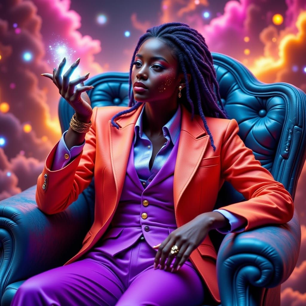 Midnight Android with Iridescent Hair and Holographic Freckl...