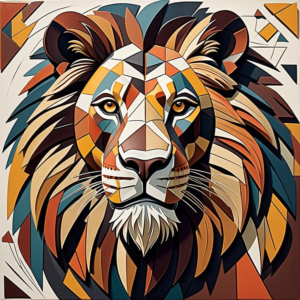 Cubist African Lion in Bold Earthy Tones