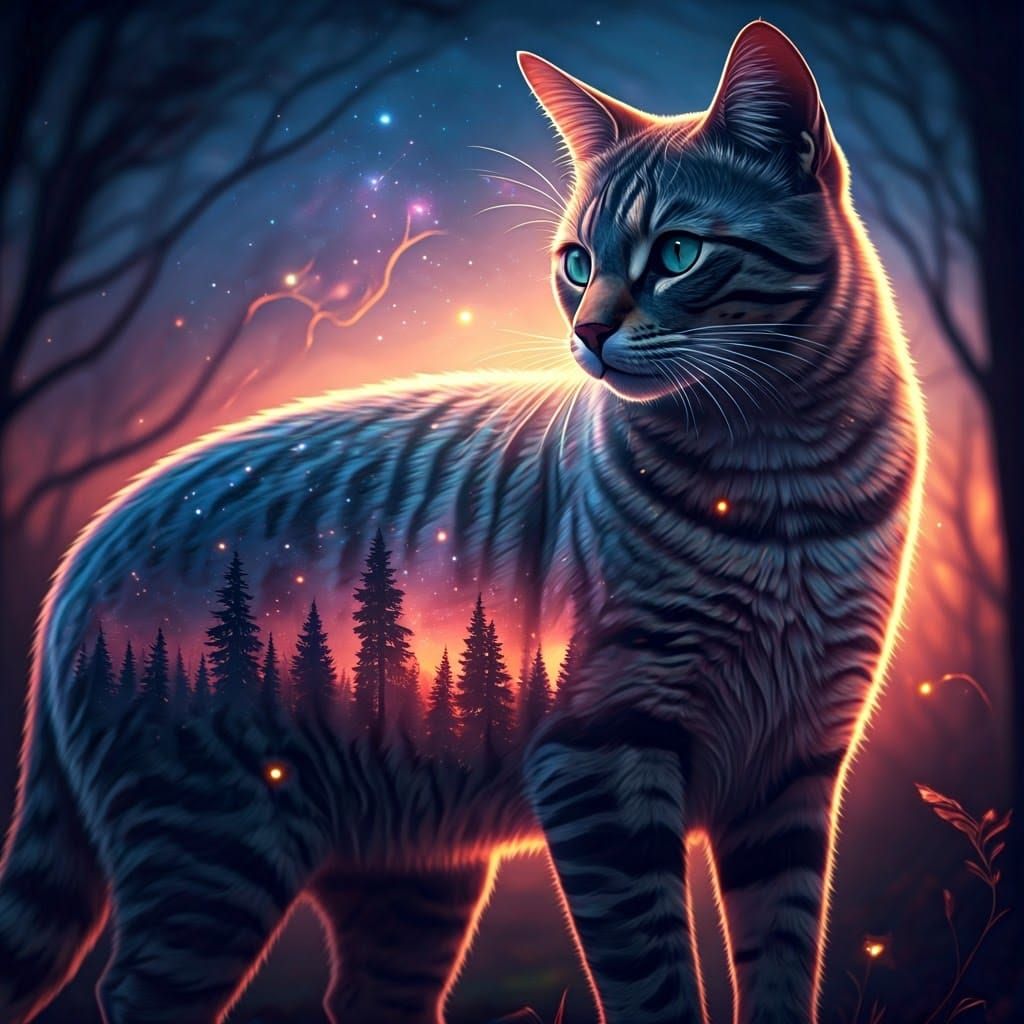 Cosmic Feline in Mystical Forest Double Exposure