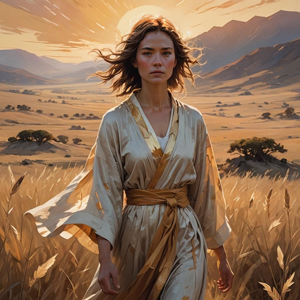 Empowering Woman in Golden Hour Landscape