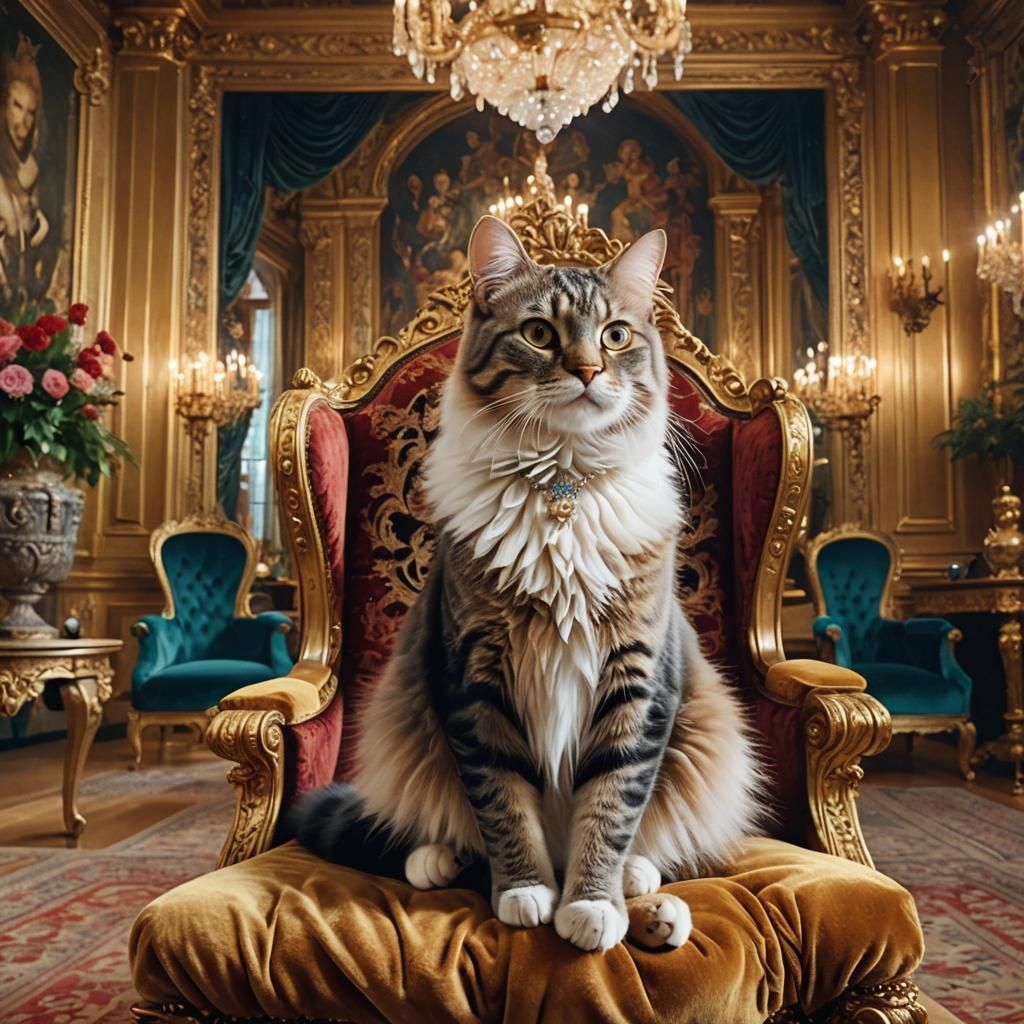 Regal Cat in Luxurious Mansion: Cinematic Art