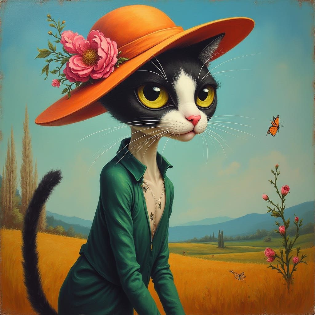 Surreal Cat in Kentucky Derby Hat as Oil Painting