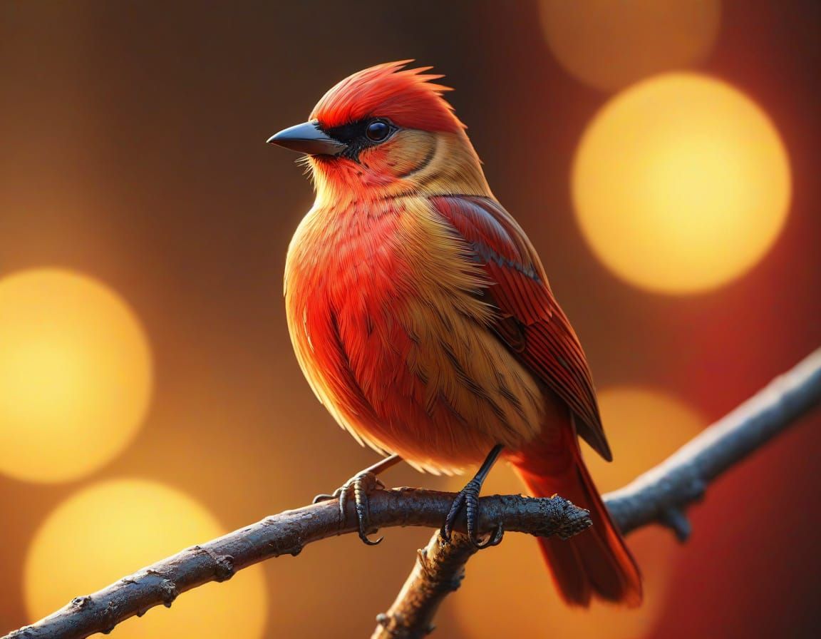 Vivid Red Bird in Golden Light, Oil Painting Style