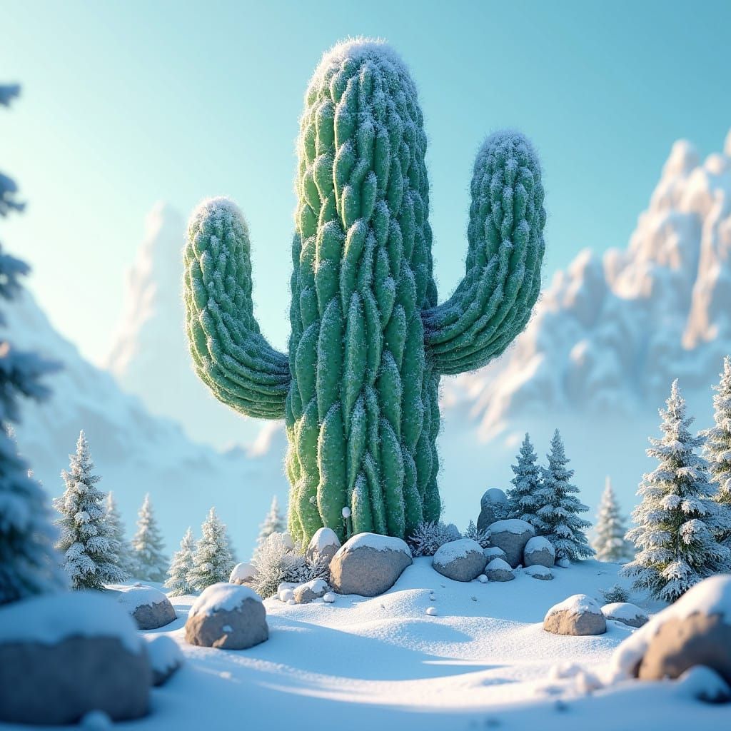Majestic Snow-Covered Cactus in Fantasy Winter Landscape