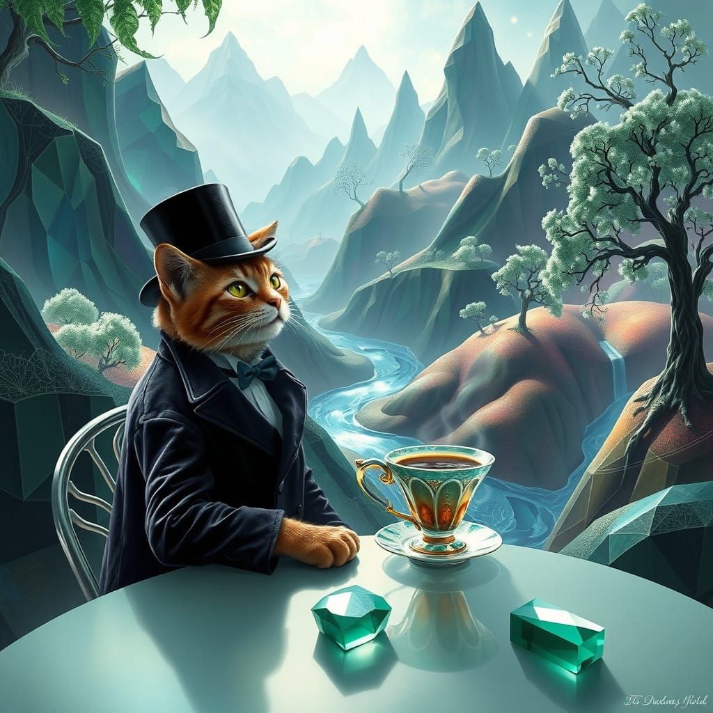 Feline Aristocrat Sips Coffee in Emerald Dreamscapes