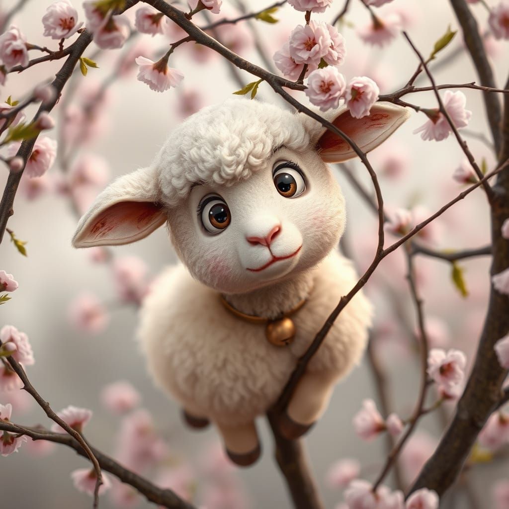 Worried Lamb Stuck in Cherry Tree, Whimsical Art