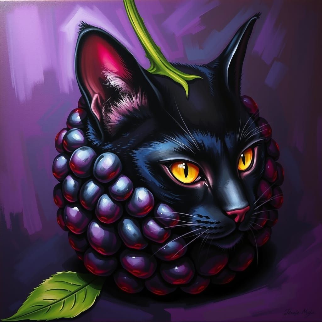 Whimsical Surreal Cat-Blackberry Fusion in Dreamy Purple Hue...