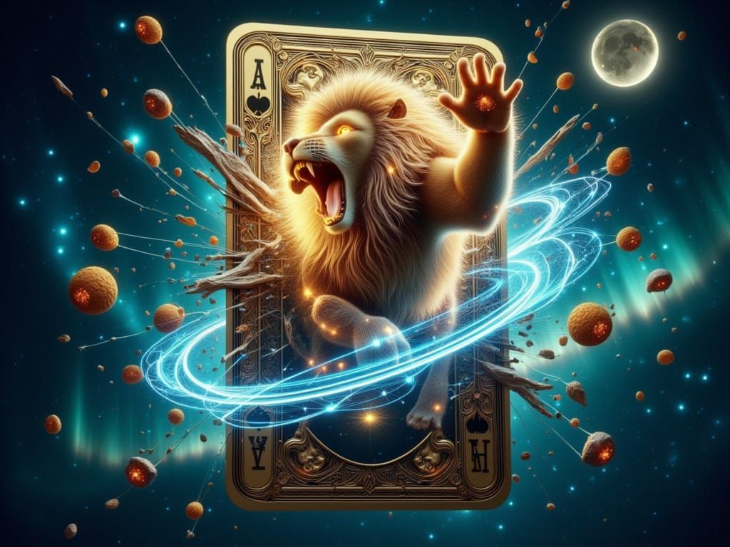 Celestial Lion Shatters Arcane Card in Space