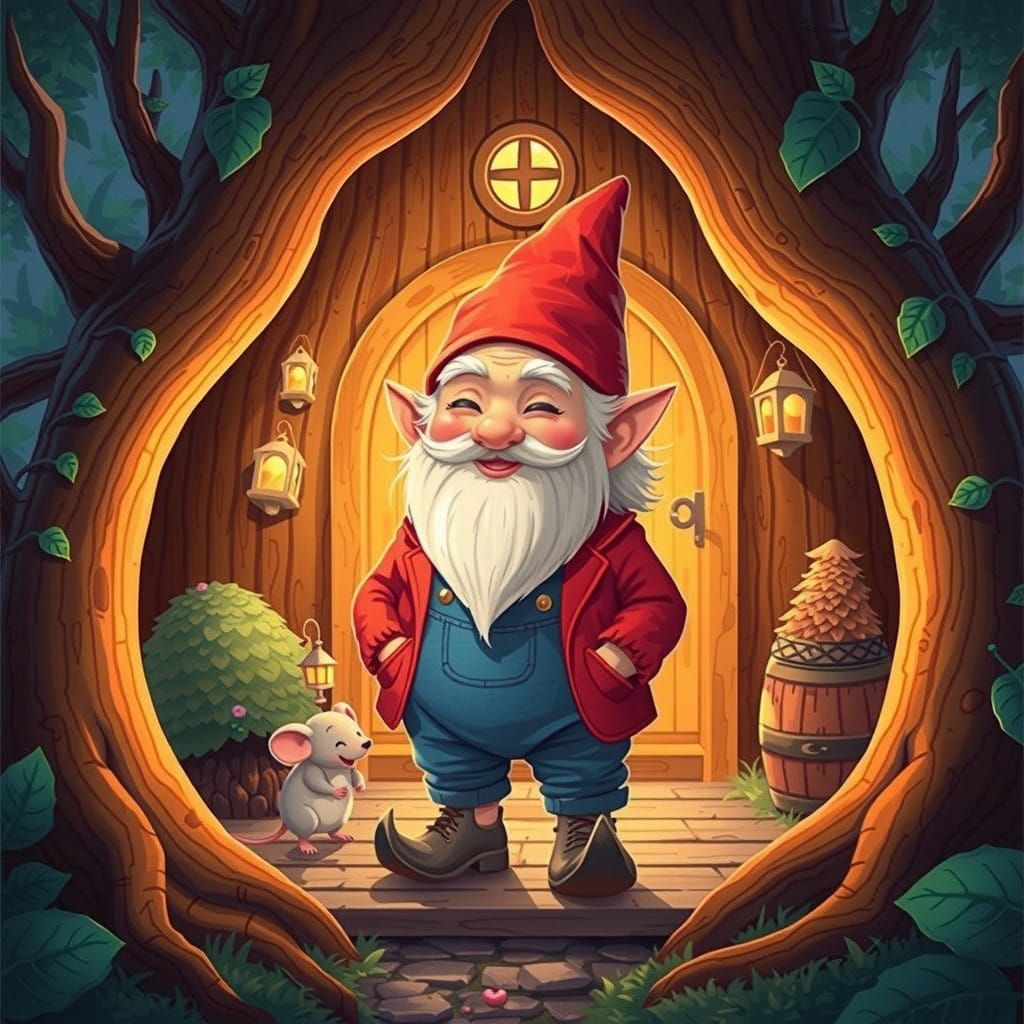 Whimsical Gnome in Vibrant Forest Home