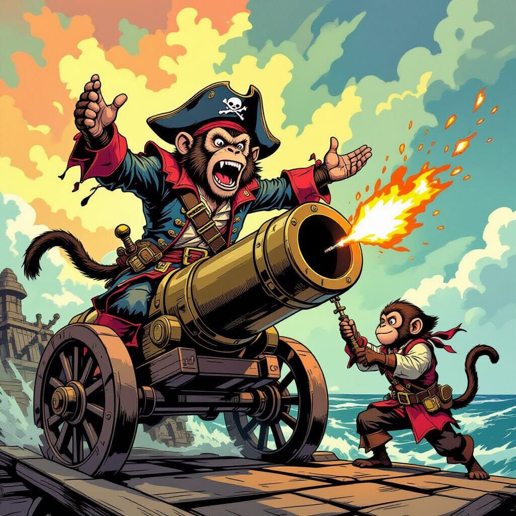 Monkey Pirate in Cannon, Comic Book Art