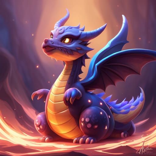 Adorable Fantasy Dragon with Shiny Feathers and Glowing Smok...
