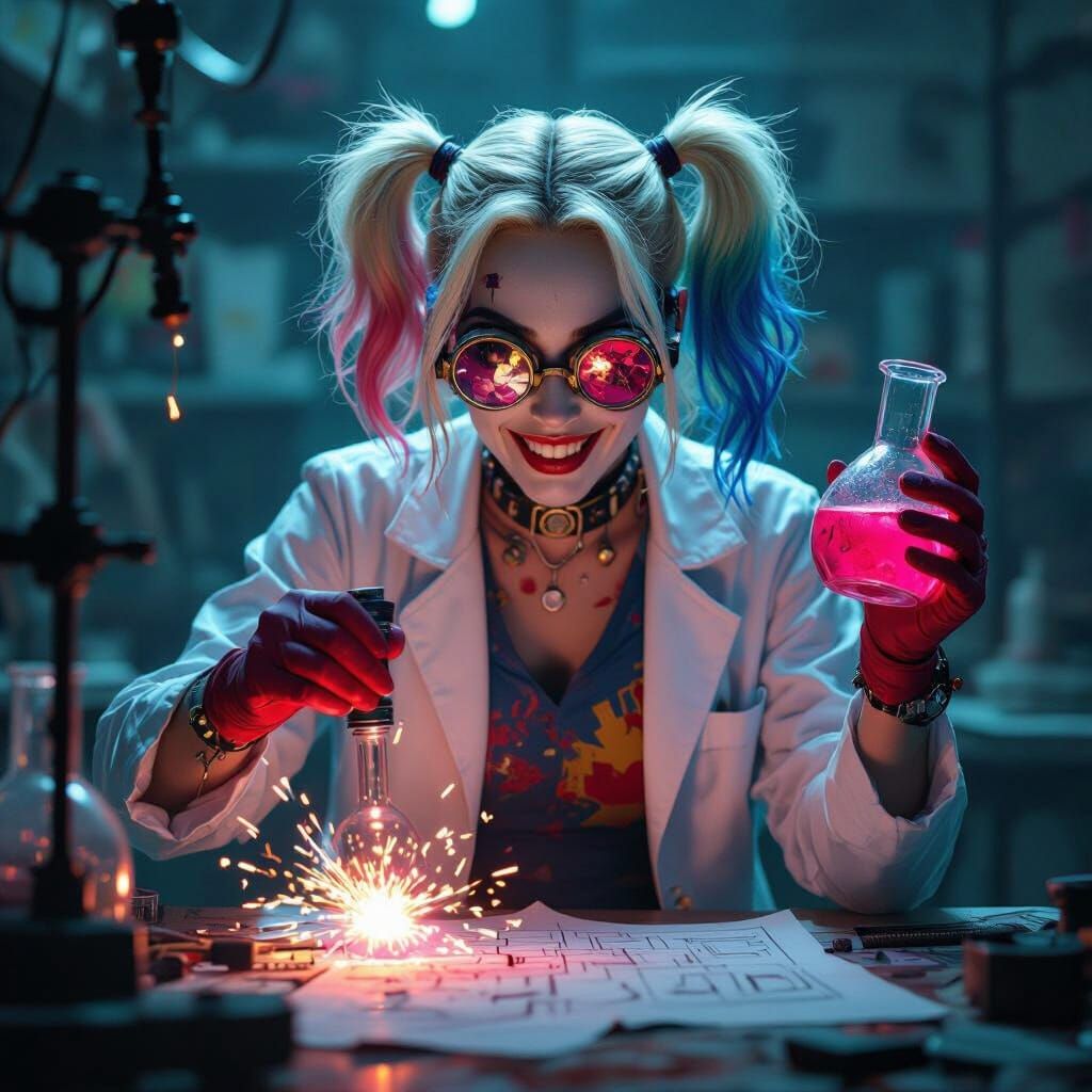 Harley Quinn Scientist in Chaotic Lab
