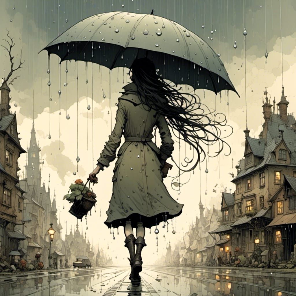 Woman in Rain: Smooth, High-Definition Digital Art