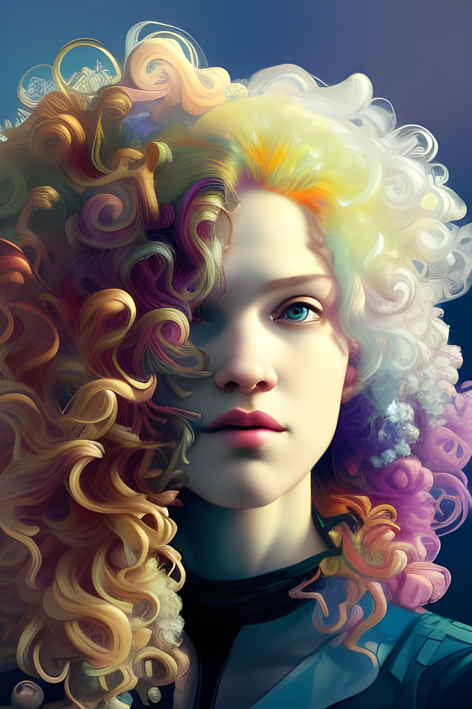 Colorful Curly Hair Portrait in Art Nouveau Style