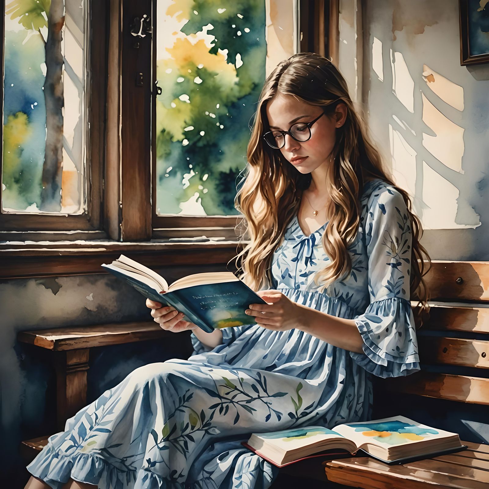 Girl Reading Book in Watercolor Painting Style