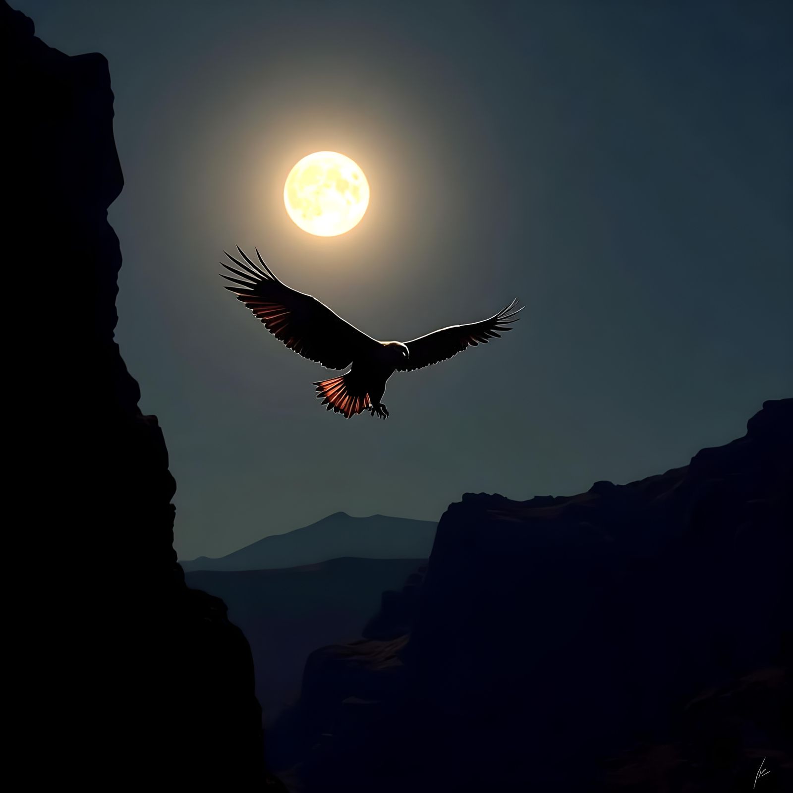 Moonlit Eagle Flight over Stone Canyon