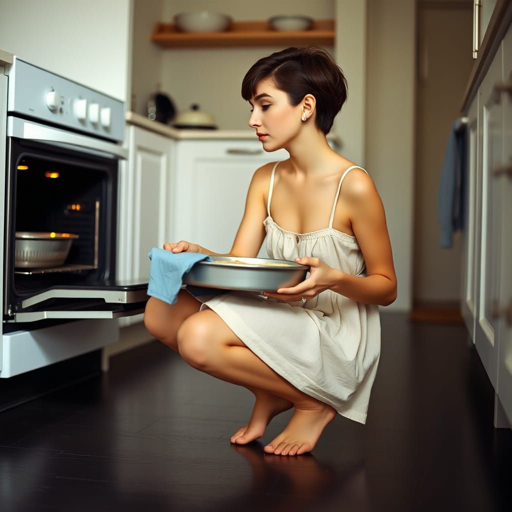 Young Woman Gazing into Oven, Cinematic Film Still