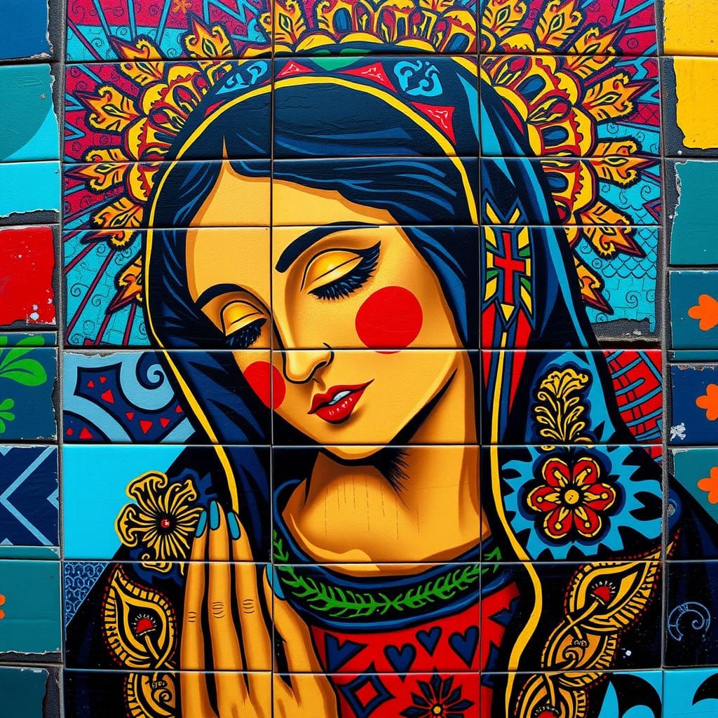 Vibrant Virgin de Guadalupe in Traditional Mexican Tile Work