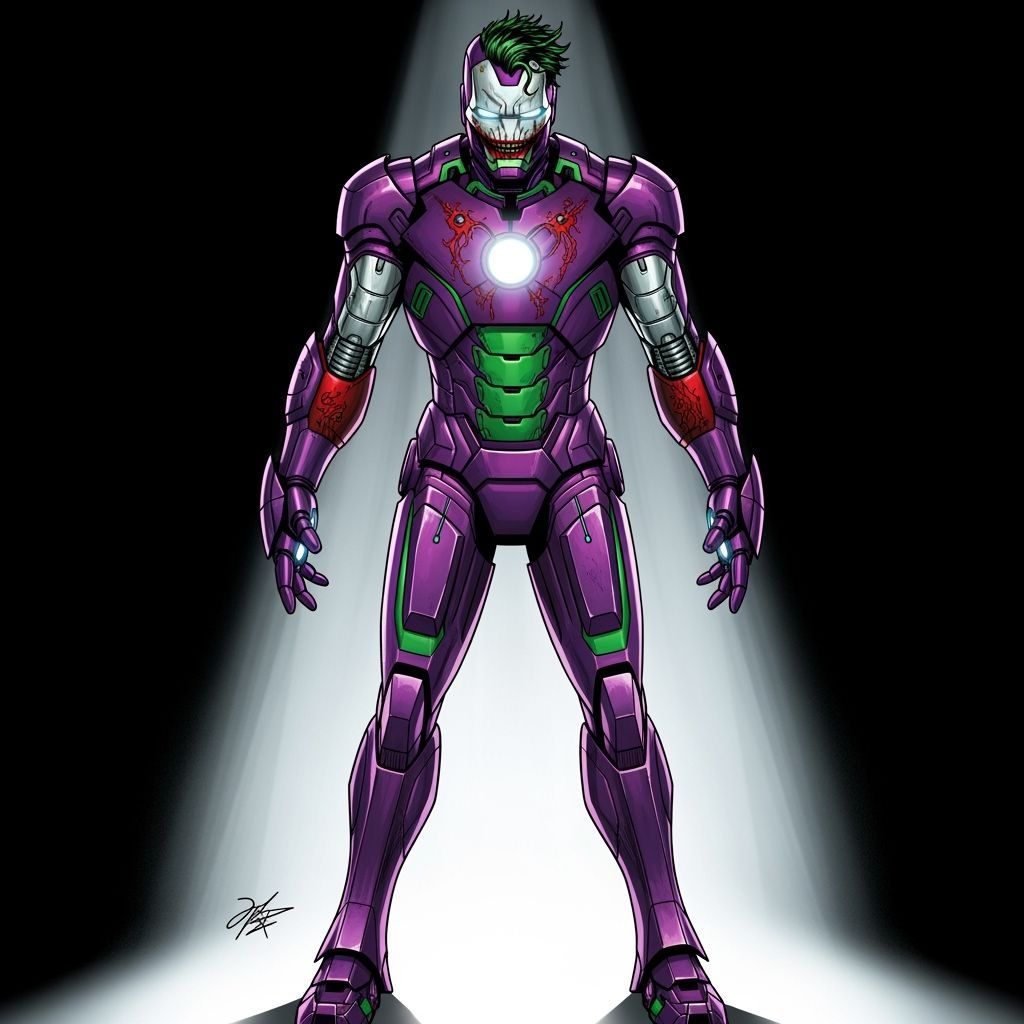 Joker-Themed Iron Man Suit in Comic Art Style